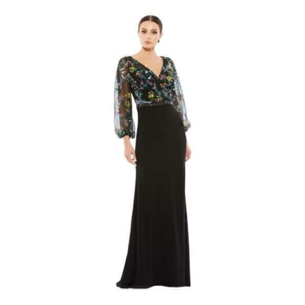 Mac Duggal Embroidered Illusion Puff‎ Sleeve Column Gown Size 6 Style 79379